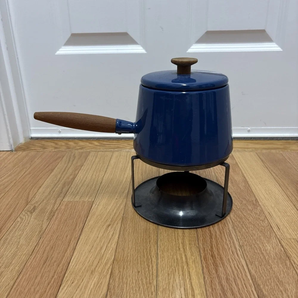 MCM Copco Michael LAX Design Holland Blue Enamel Fondue Pot Wood‎ Handle Vintage